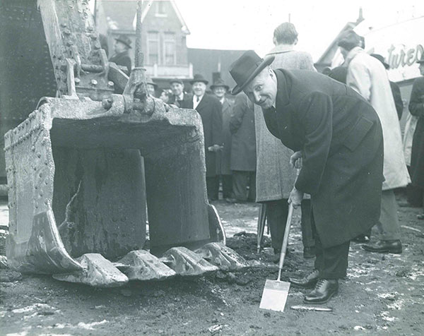 Photo of Premier George A. Drew turning the sod on the new SickKids building in 1947