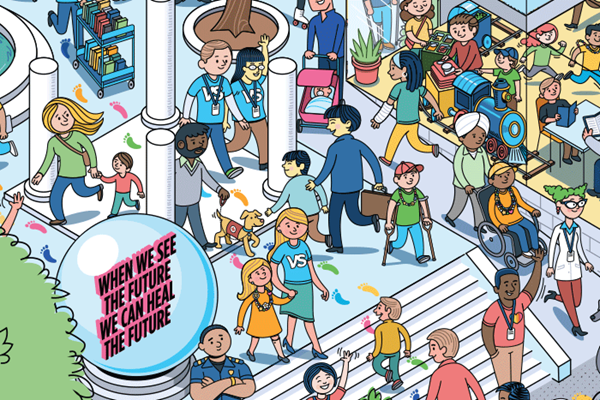 A detailed cartoon drawing of SickKids, showing many people and places in the hospital. There are doctors, patients, visitors and animals going about different activities in their day. On the bottom left corner of the drawing, the words, "when we see the future, we can heal the future," are shown within a large crystal ball display.