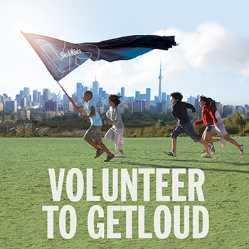 Kids running with SickKids flag with 'Volunteer to GetLoud' text