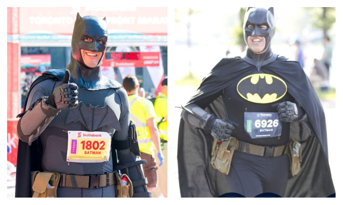 Man dressed in Batman suit running