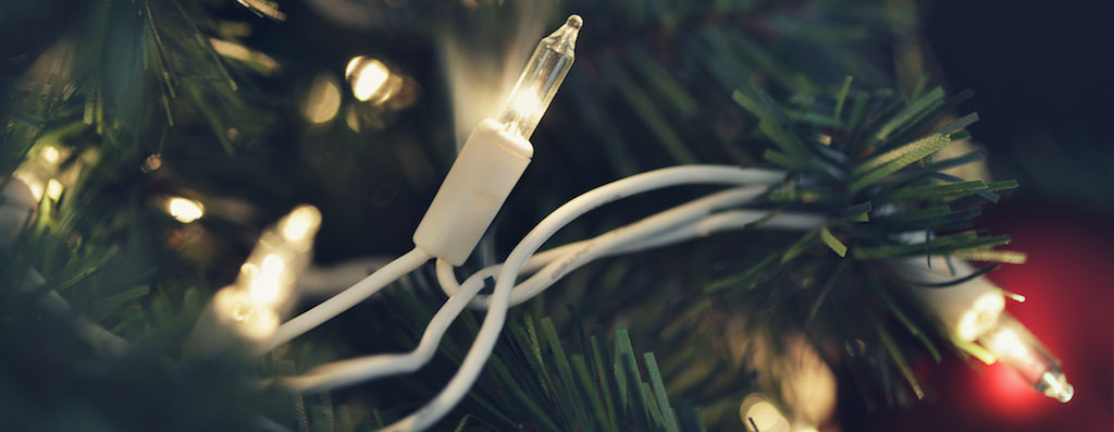 Close up of lights on a Christmas tree.