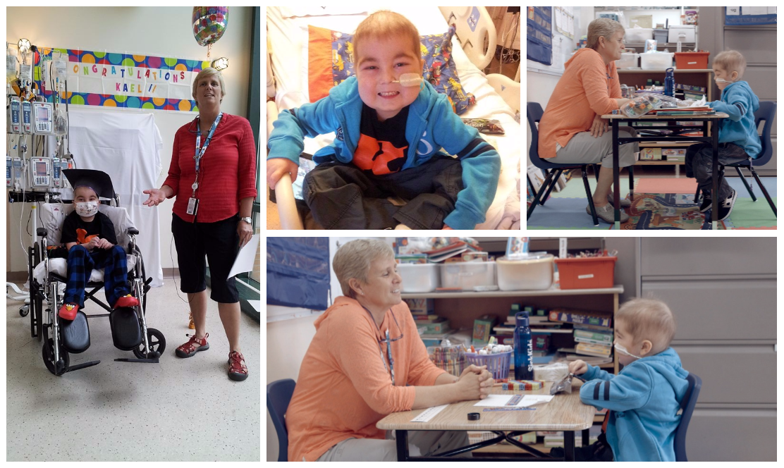 SickKids patient Kael with his teacher while in hospital