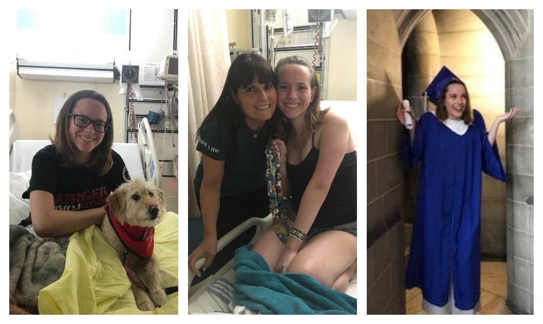 Photo of girl in hospital bed and photo of girl wearing a graduation gown