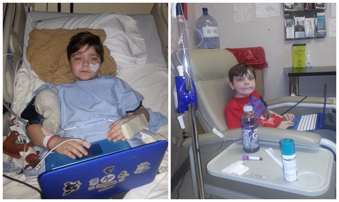 Boy in hospital bed with computer on his lap