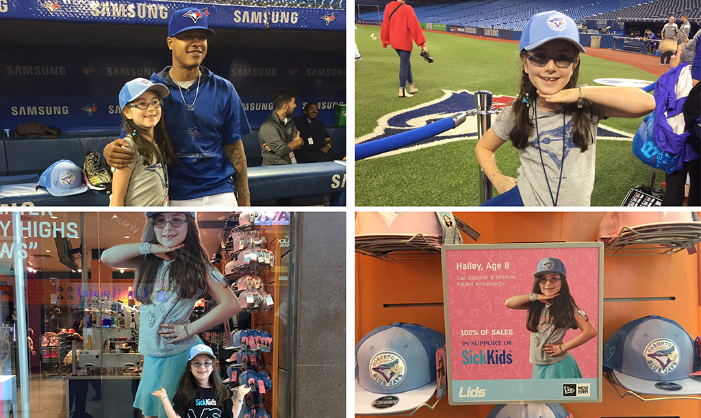 Collage of Hailey wearing her custom made Blue Jays hat