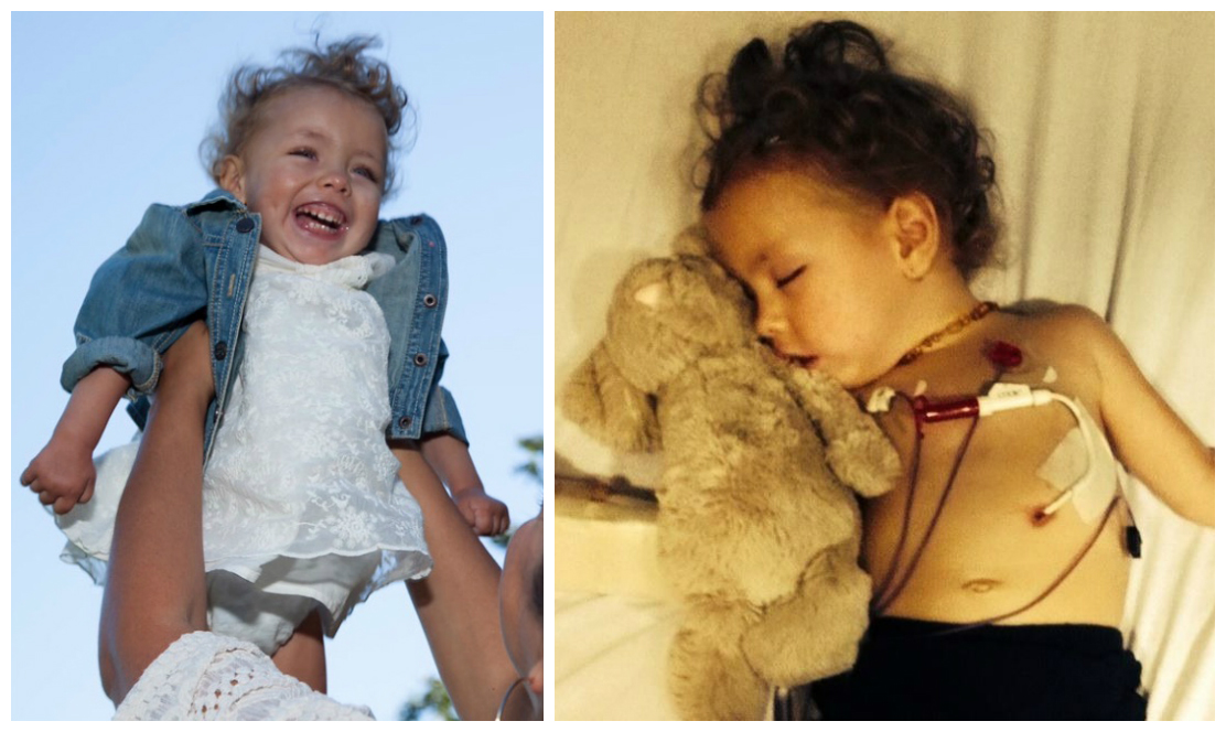Photo collage of little girl smiling and little girl sleeping with stuffed animal