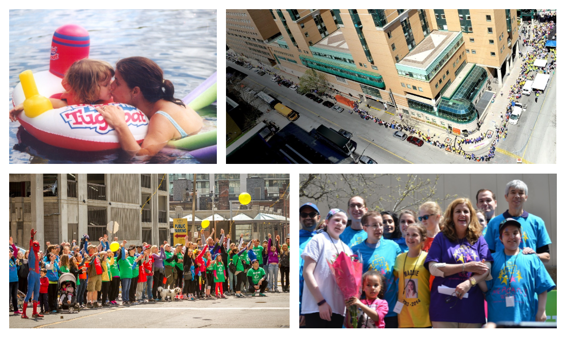 Photo collage featuring Denise Bebenek with her daughter, Denise with Meagan's Walk heroes and the hug around SickKids