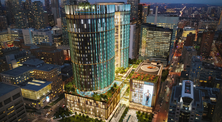 New SickKids campus rendering depicting overhead shot of hospital and administrative buildings taken at night. 