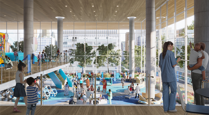 Rendering of SickKids Sky Lobby featuring two floors, lots of windows, a bright open space for families and staff to interact