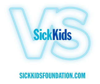 A blue and white Sick Kids logo. Under the logo it says sickkidsfoundation.com